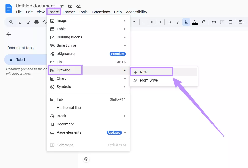 insert a new drawing in docs