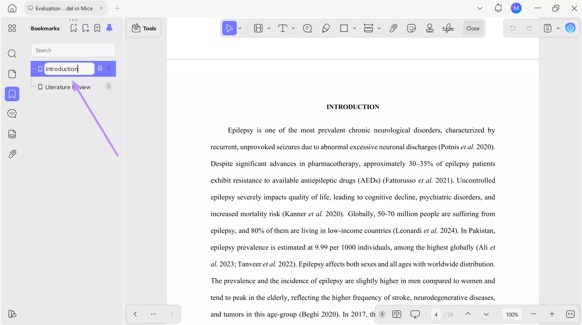 rename bookmark using updf