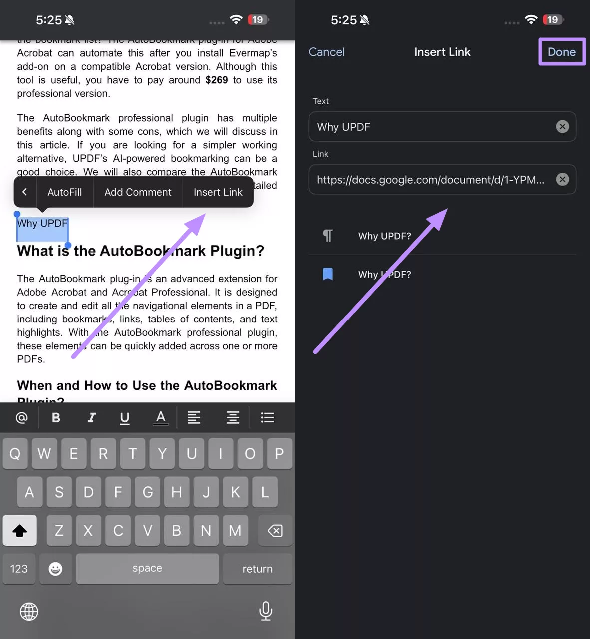 insert bookmark link to text