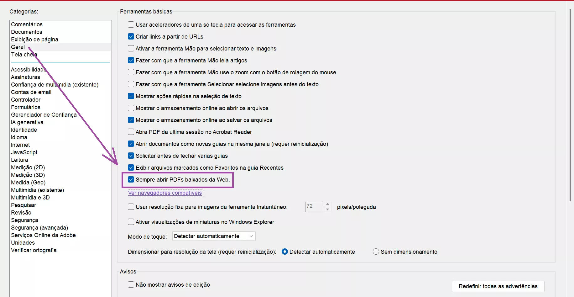 Desativar “Abrir PDFs automaticamente no Reader quando forem baixados” no navegador Chrome no Acrobat