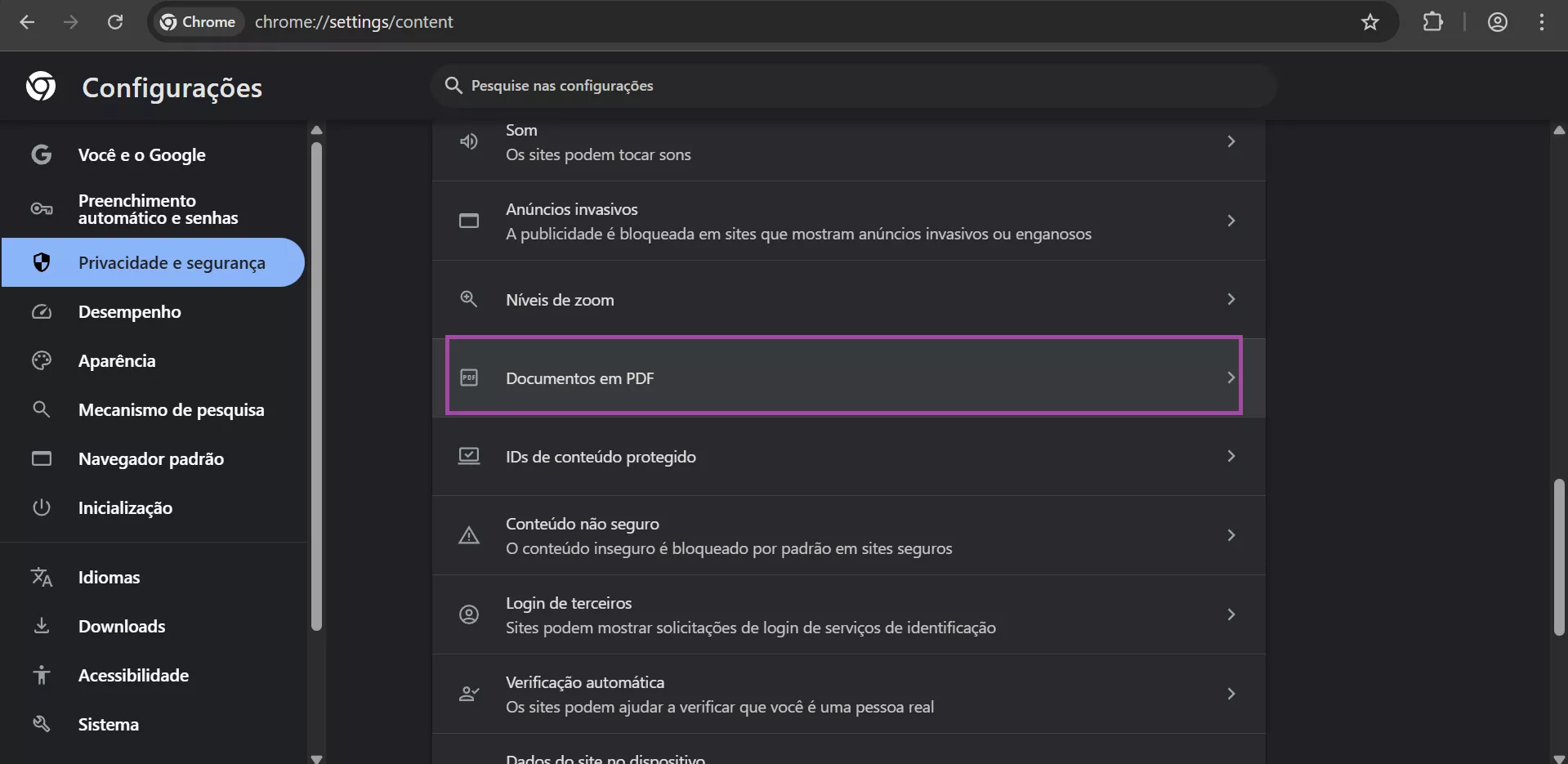 Localizar documentos PDF no Chrome