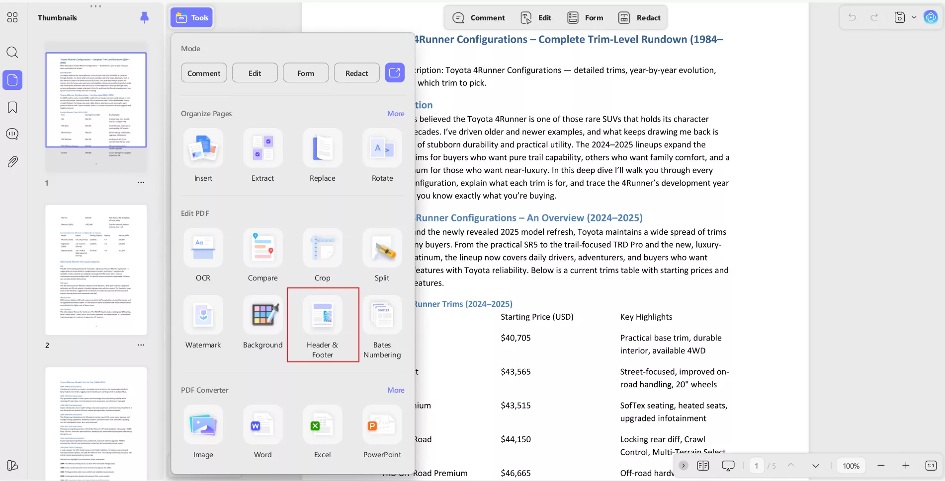 Intuitive Header and Footer Tools