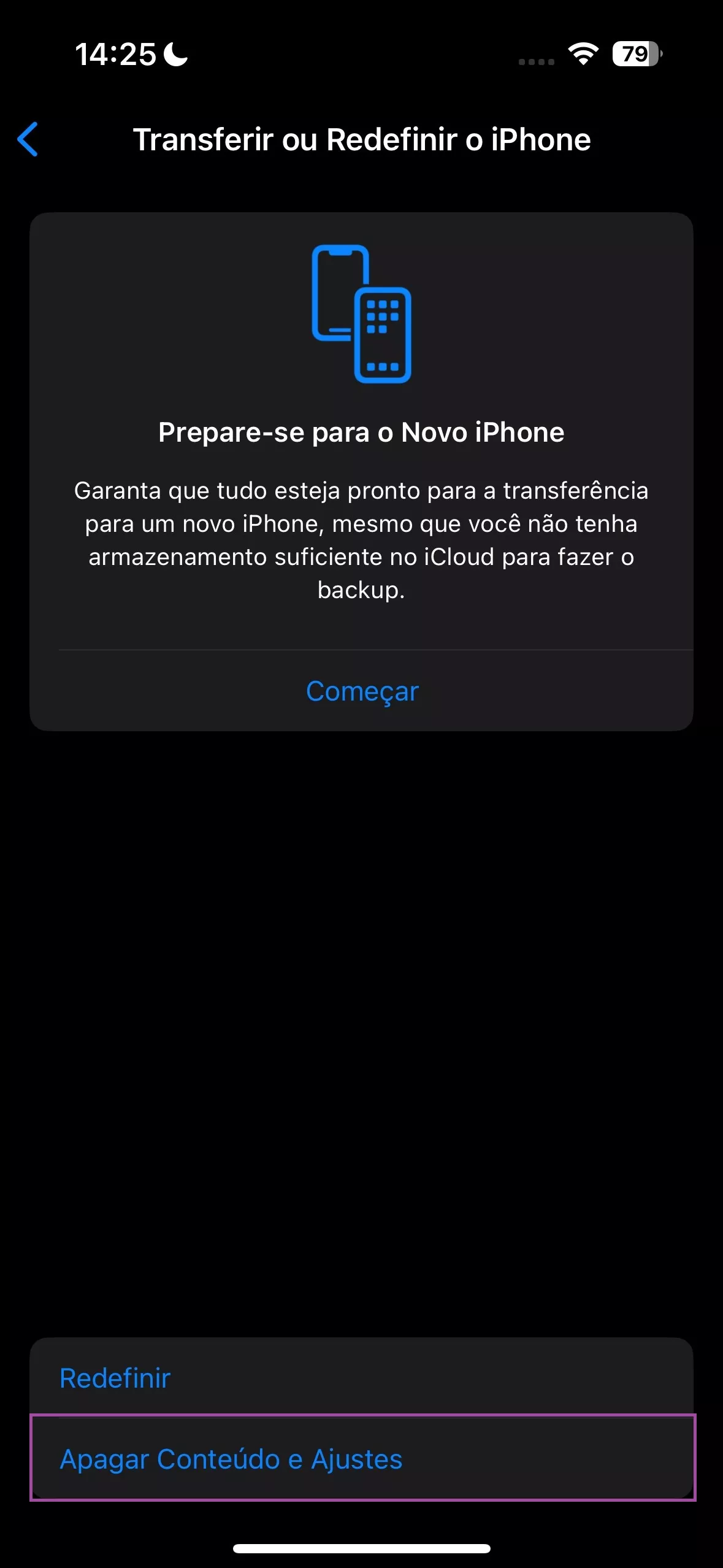 transferir ou redefinir o iphone