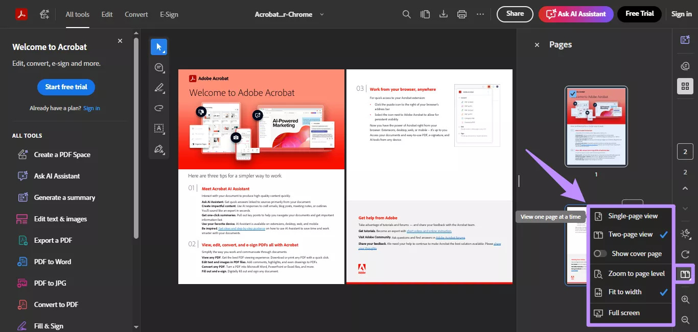 acrobat extension page layout options