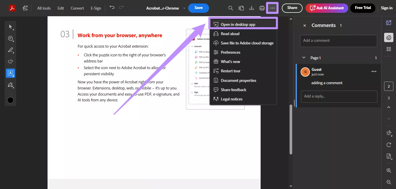 acrobat extension shortcut to desktop app